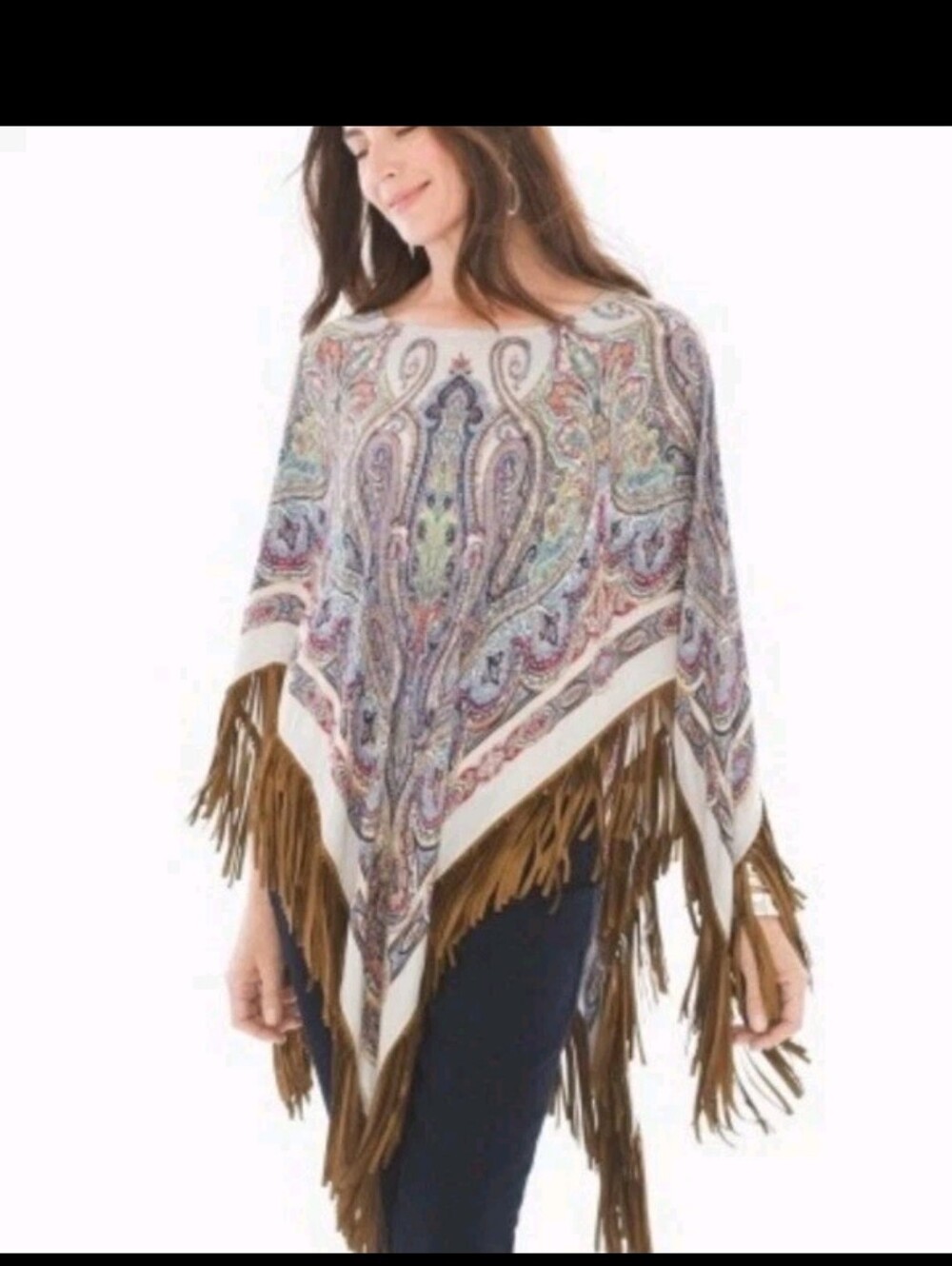 Chico's White Multi Paisley Fringe Tunic